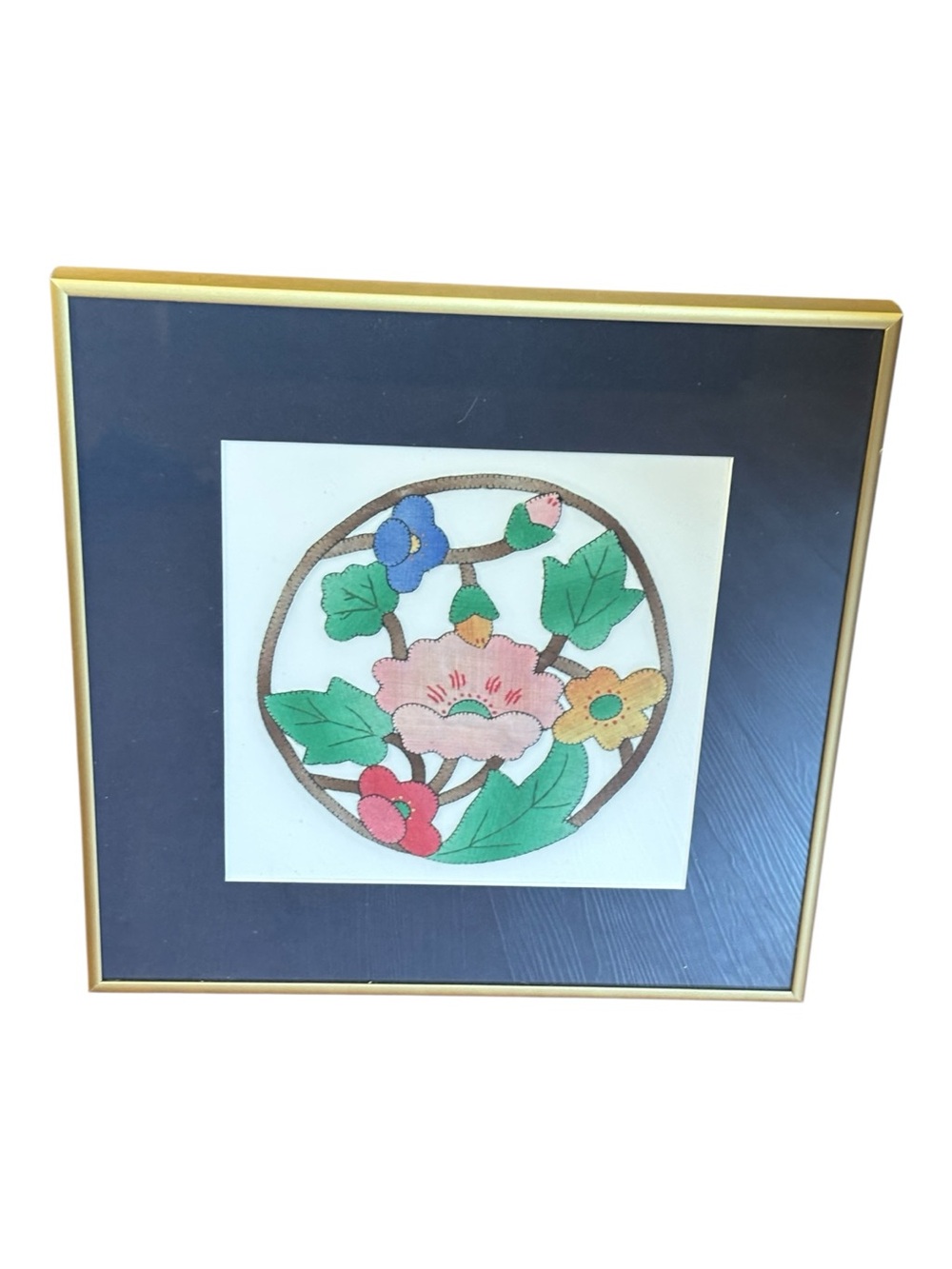 Framed Floral Vintage Embroidery Art - 14 X 14